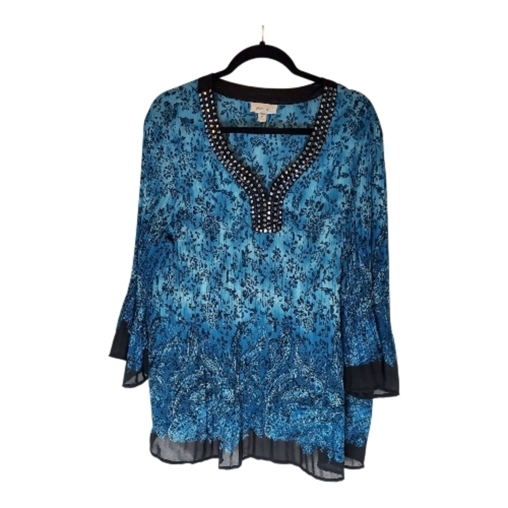🇺🇸Dress Barn Blue Blouse with Sequins Neckline Size 1X